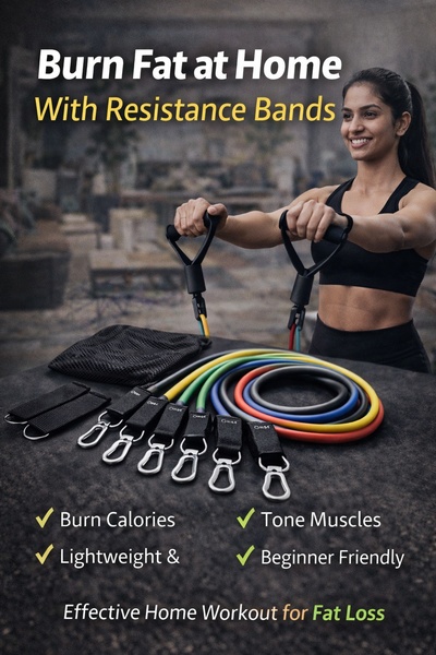 This creative showcases resistance bands in a home gym setting, using a clear benefit-focused headline and bulleted feature list to drive interest in fat loss.
